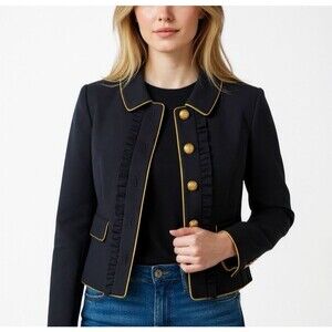 J Crew Tailored Lady Jacket Women Size 10 Navy Wool Ruffles Nautical Gold F6066